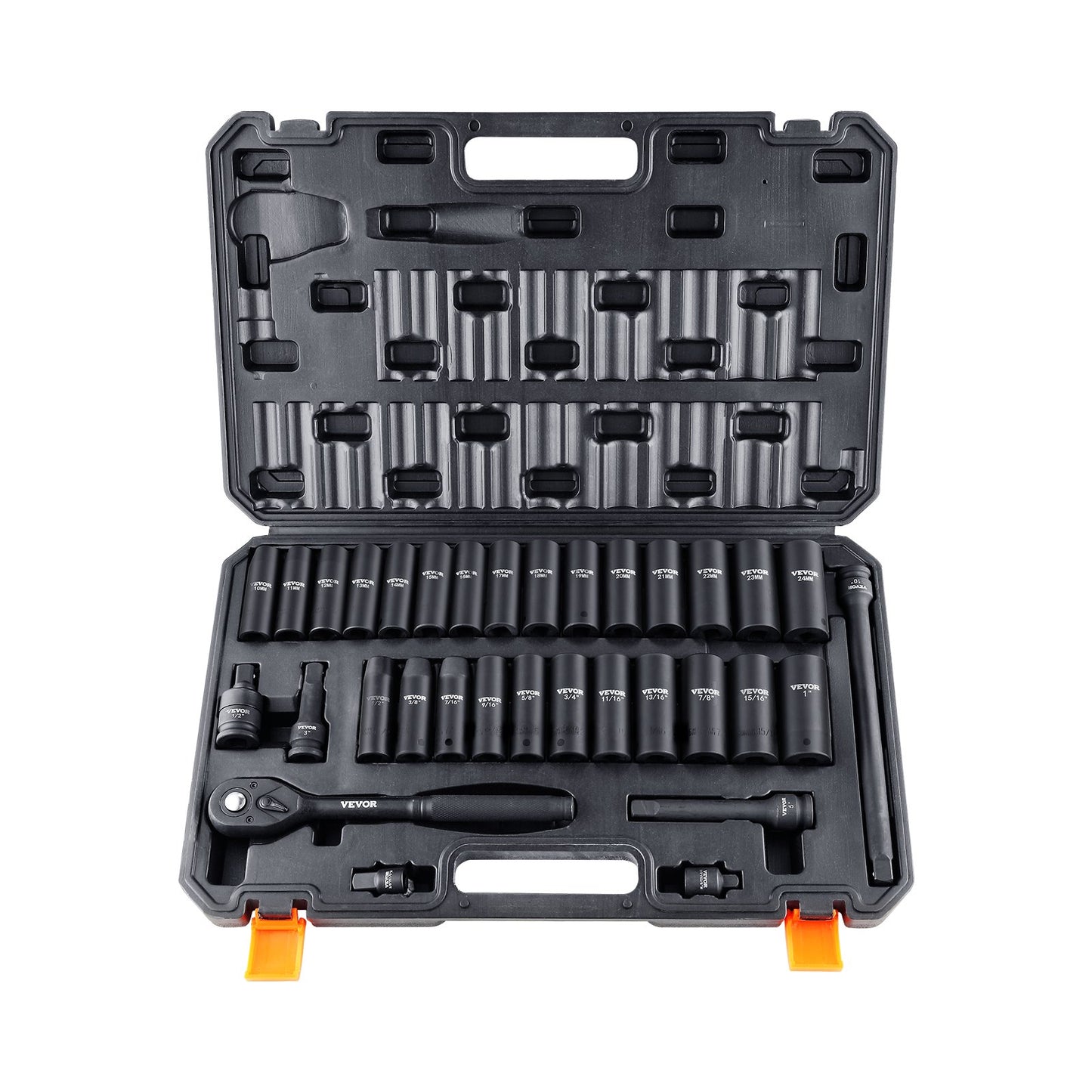VEVOR 1/2" Drive Impact Socket Set, 33 Piece Socket Set SAE 3/8"-1" and Metric 10-24mm,