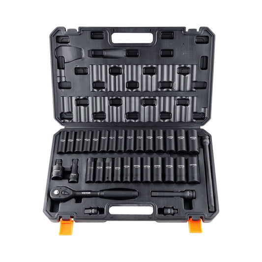 VEVOR 1/2" Drive Impact Socket Set, 33 Piece Socket Set SAE 3/8"-1" and Metric 10-24mm,