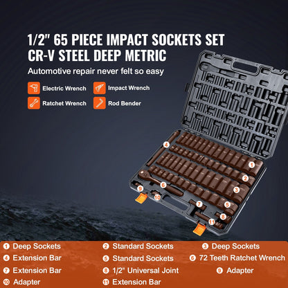 65-Piece 1/2" Drive Impact Socket Set, SAE & Metric, Cr-V Steel, with Case