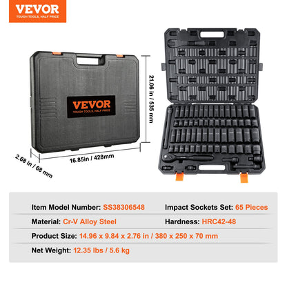 VEVOR 1/2" Drive Impact Socket Set, 65 Piece Socket Set SAE 3/8" to 1-1/4" and Metric
