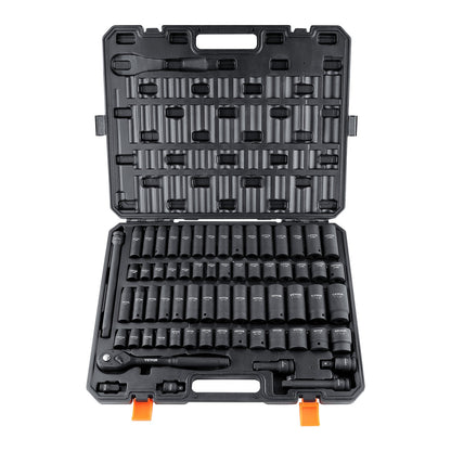 VEVOR 1/2" Drive Impact Socket Set, 65 Piece Socket Set SAE 3/8" to 1-1/4" and Metric