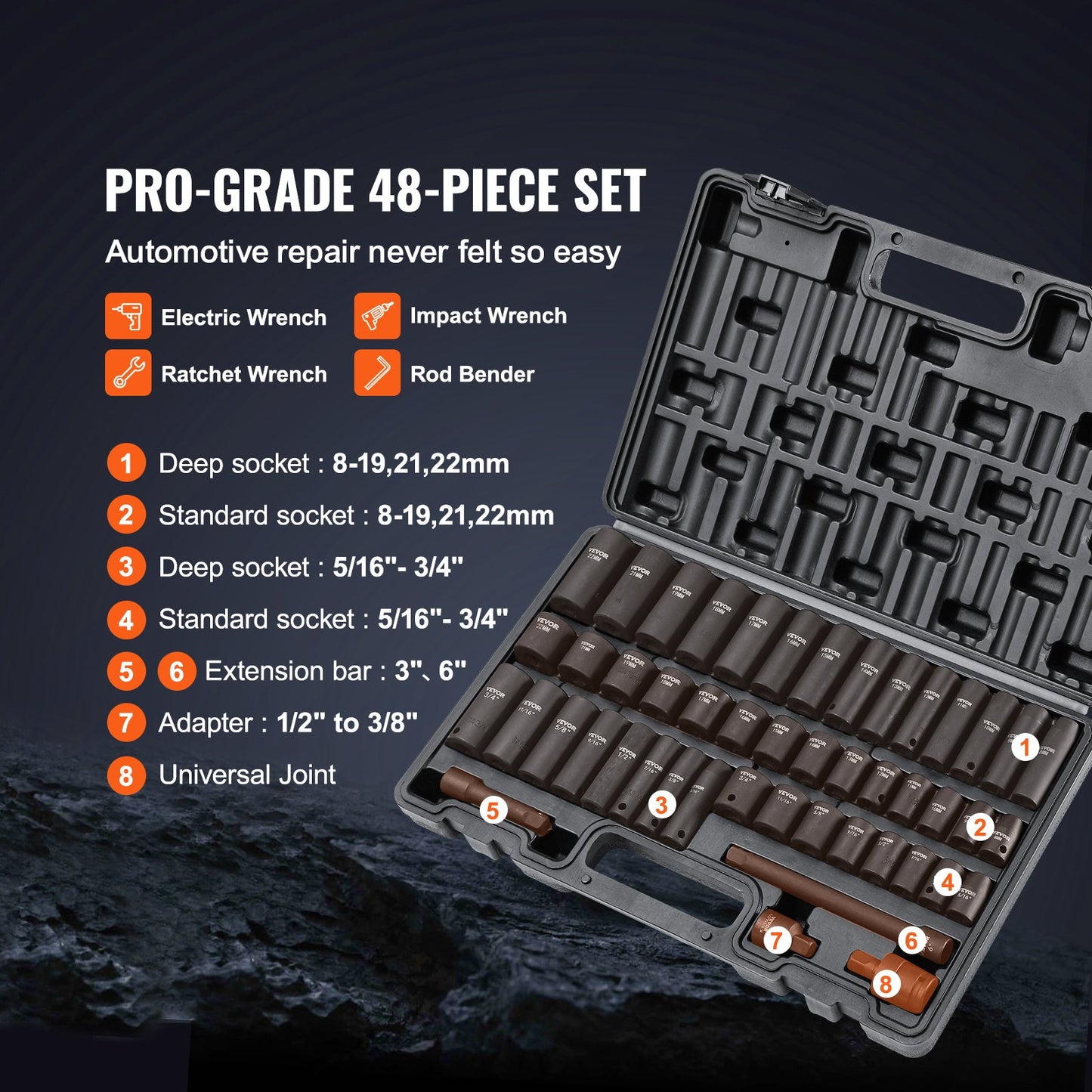 VEVOR 3/8" Drive Impact Socket Set, 48 Piece Socket Set SAE （5/16" -3/4"） & Metric