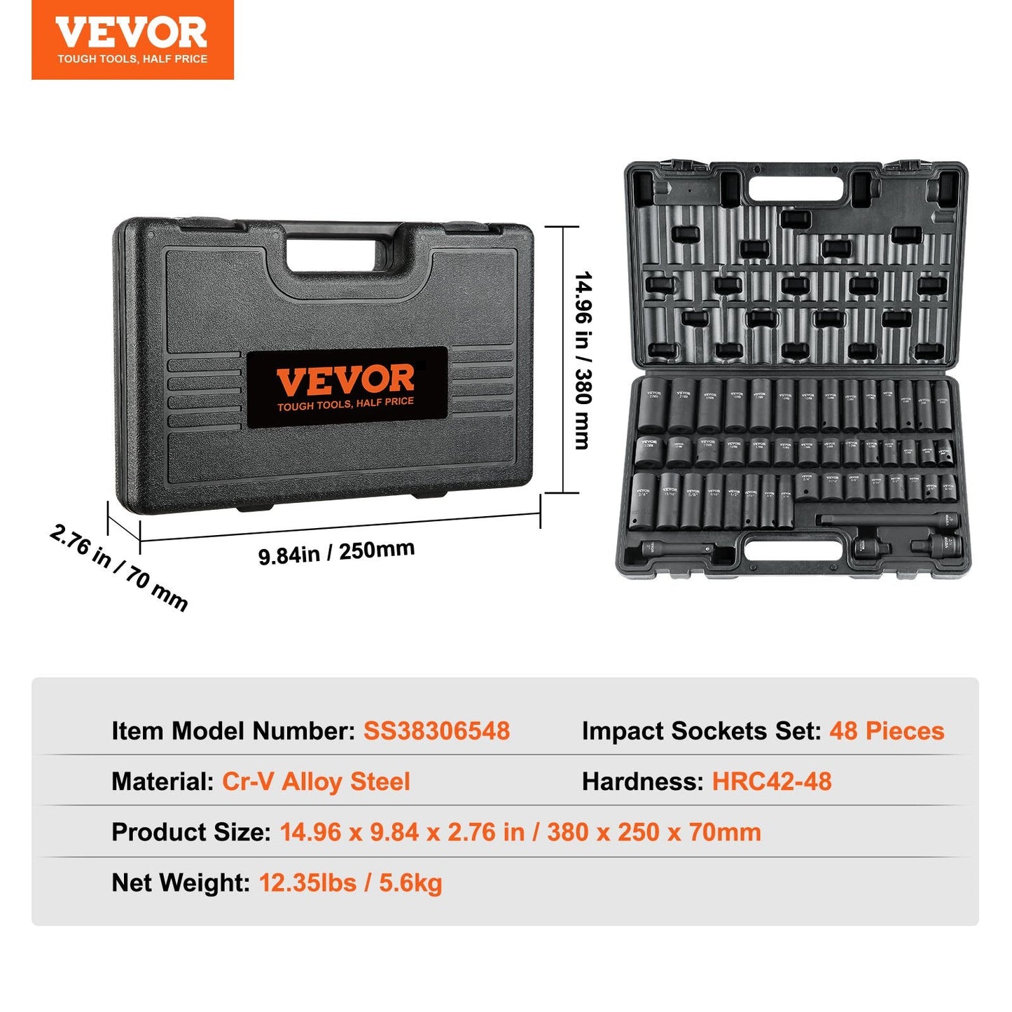 48-Piece 3/8" Drive Cr-V Impact Socket Set with Metric & SAE, 5.6 kg