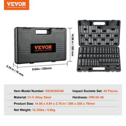 48-Piece 3/8" Drive Cr-V Impact Socket Set with Metric & SAE, 5.6 kg