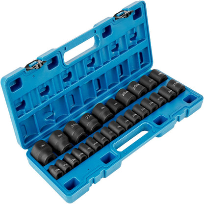 26-Piece 1/2 Meter Drive Impact Socket Set, 6-Point Design with Storage Case