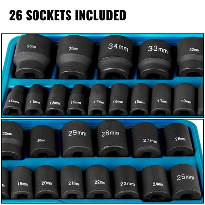 26-Piece 1/2 Meter Drive Impact Socket Set, 6-Point Design with Storage Case