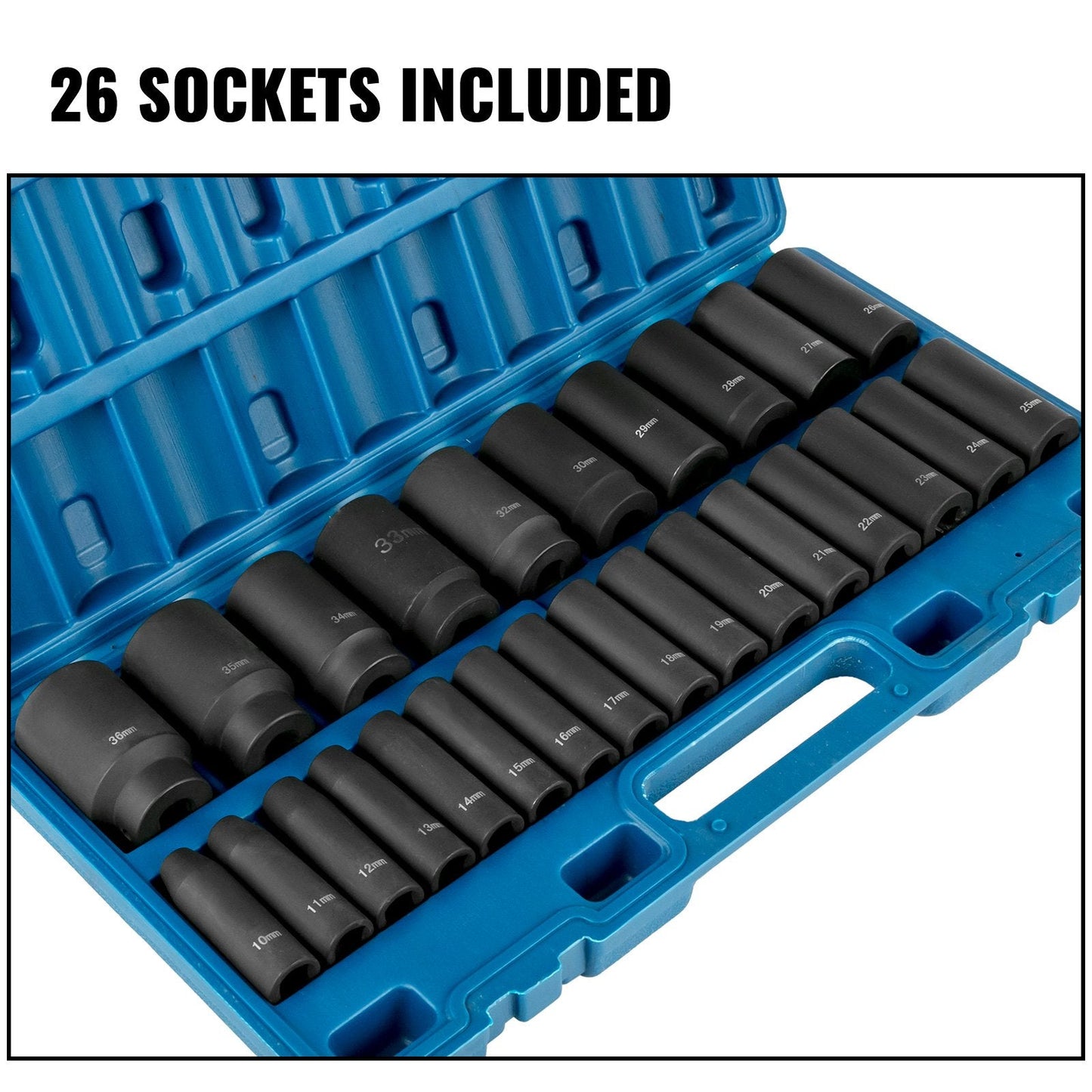 26-Piece 1/2m Drive Metric Deep Impact Socket Set, 10mm-36mm, 6-Point Design
