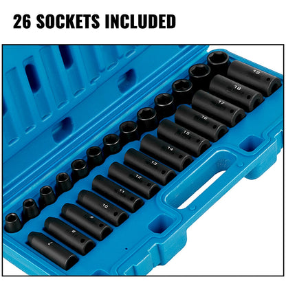 26-Piece CR-V Impact Socket Set, 3/8 Drive, 6-Point, 7-19mm with Case