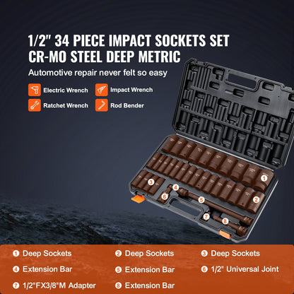 VEVOR 1/2" Drive Deep Impact Socket Set, 34pcs Socket Set Metric （8-36mm） 6 Point