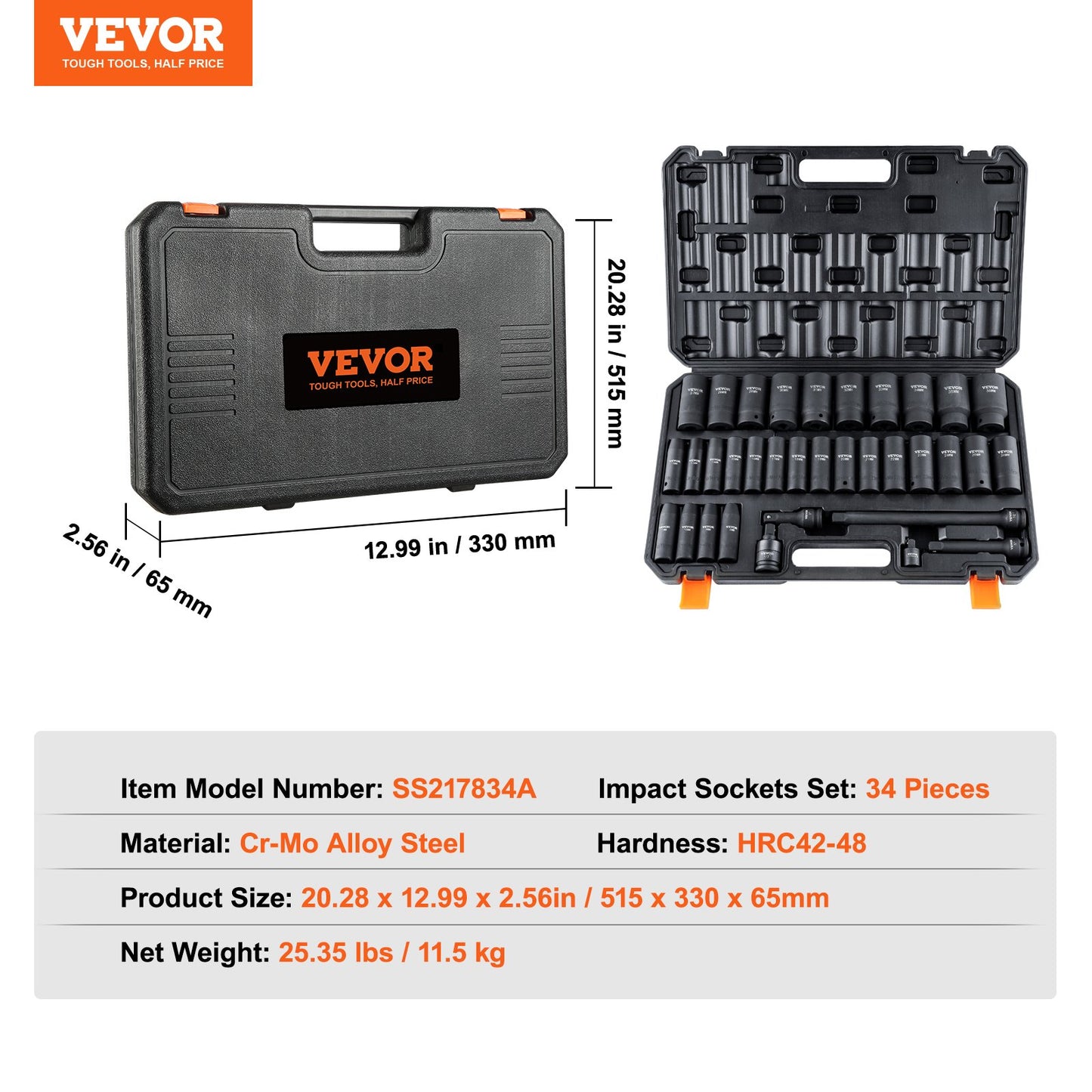 VEVOR 1/2" Drive Deep Impact Socket Set, 34pcs Socket Set Metric （8-36mm） 6 Point