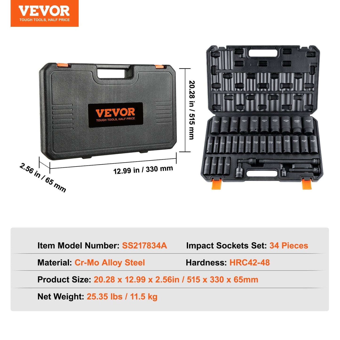 34-Piece 1/2" Drive Deep Impact Socket Set, Metric 7-36mm, Cr-Mo Steel