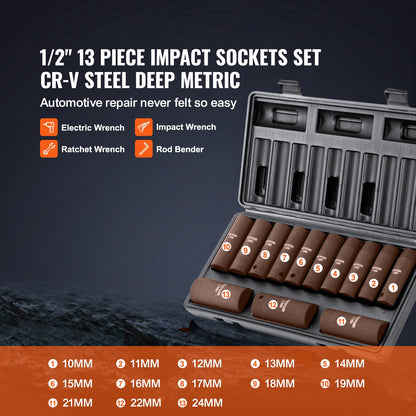 VEVOR 1/2" Drive Impact Socket Set, 13 Piece Deep Socket Set Metric 10-24mm, 6 Point