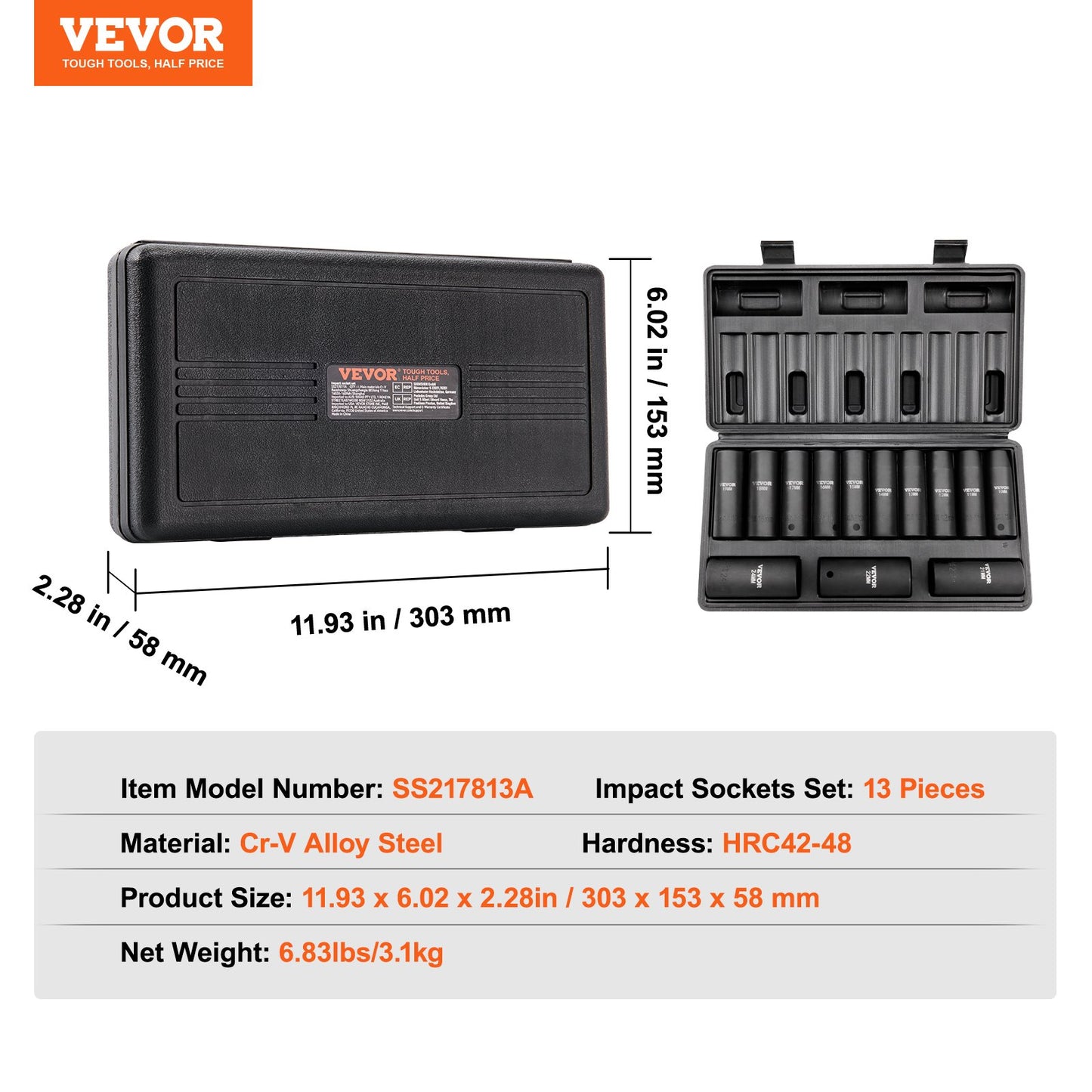 VEVOR 1/2" Drive Impact Socket Set, 13 Piece Deep Socket Set Metric 10-24mm, 6 Point