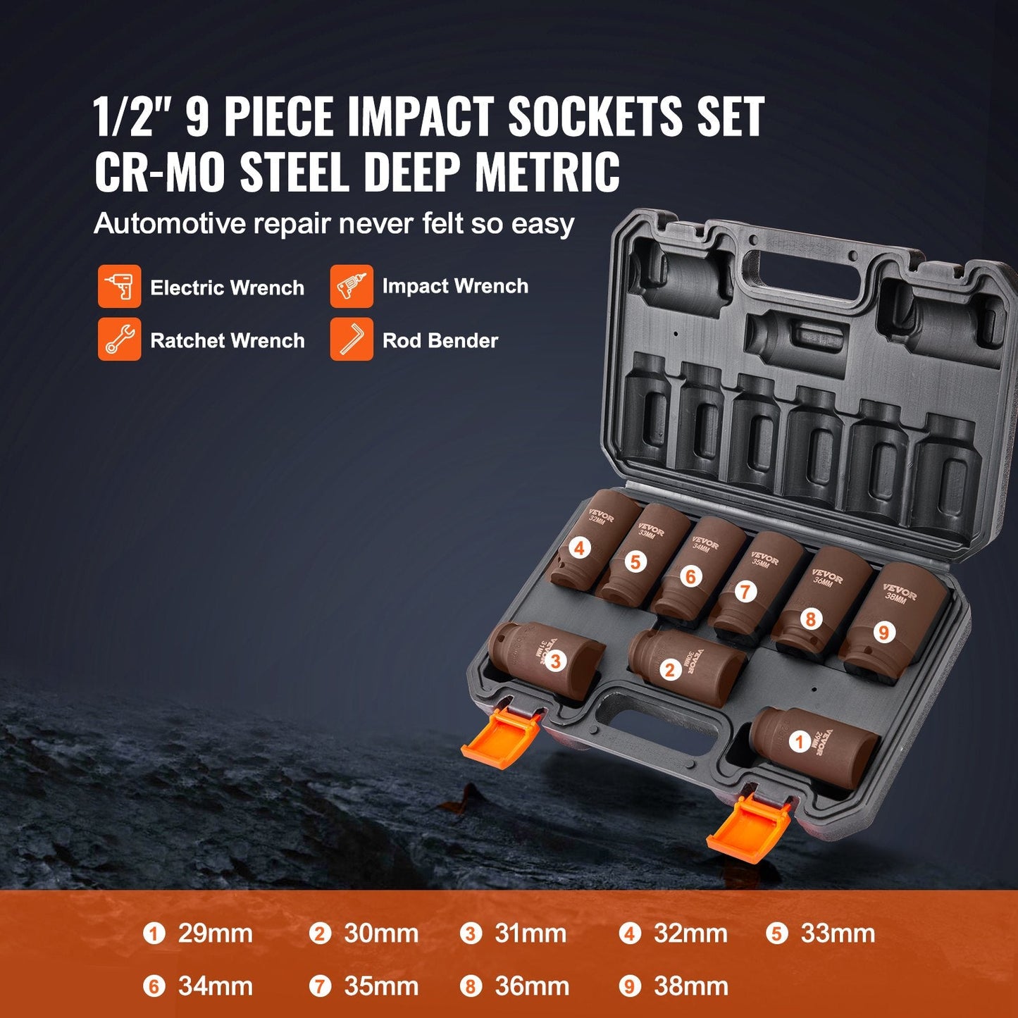 9-Piece Metric Impact Socket Set, 1/2 Meter Drive, with Ratchet Tool Kit