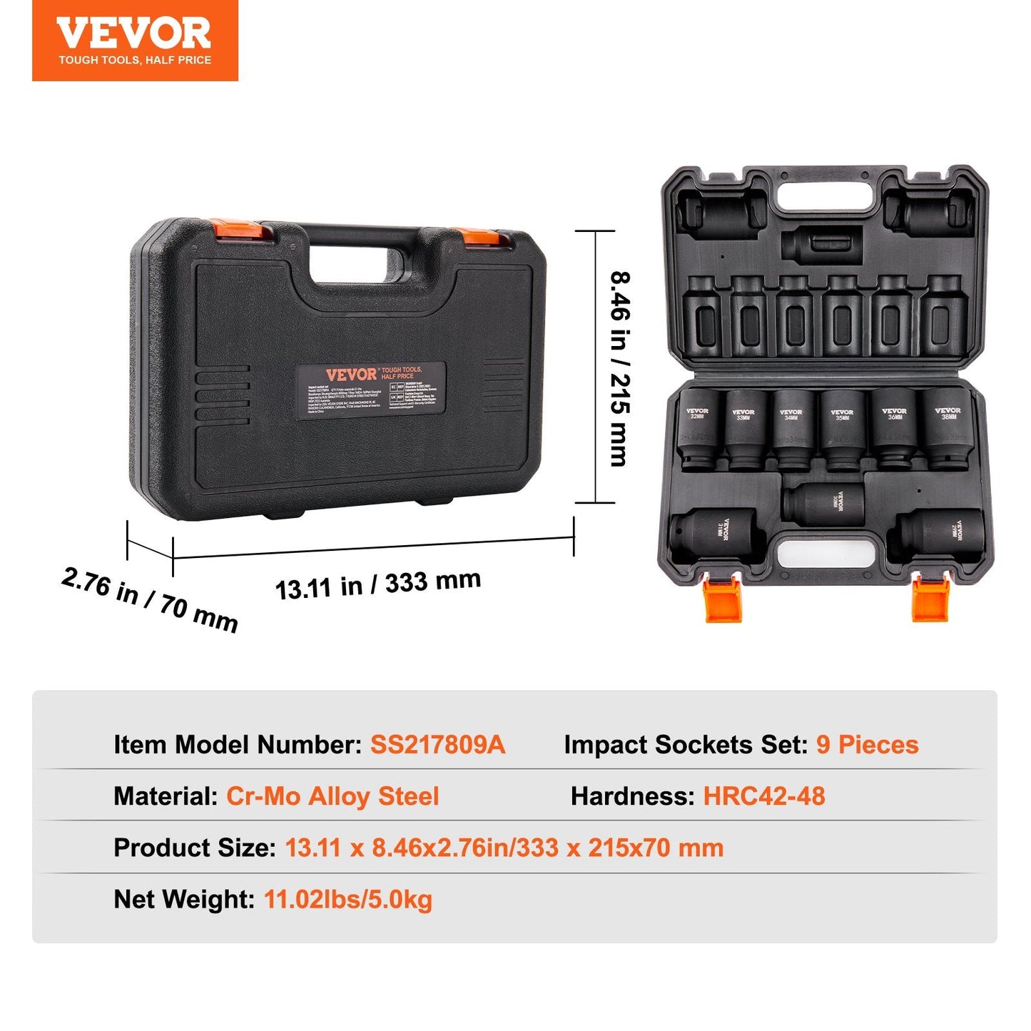 9-Piece Metric Impact Socket Set, 1/2 Meter Drive, with Ratchet Tool Kit