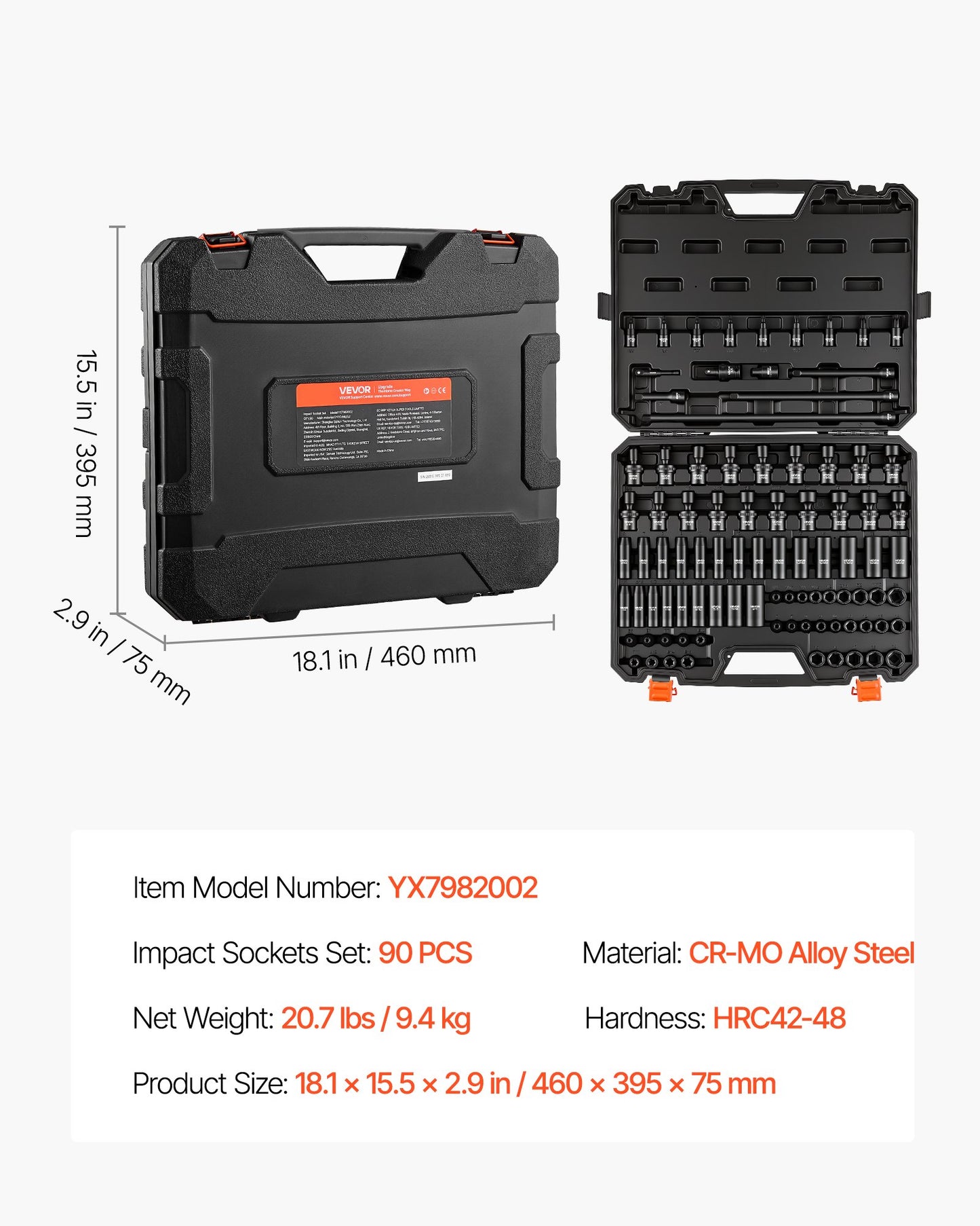 Impact Socket Set, 3/8" Drive, 90-Piece Socket Set, 6 Point Sockets, SAE 1/4"-3/4" and Metric 6-19 mm, Easy to Identify, with Adapters, Sturdy Storage Case, Cr-Mo Alloy Steel for Vehicles Repair