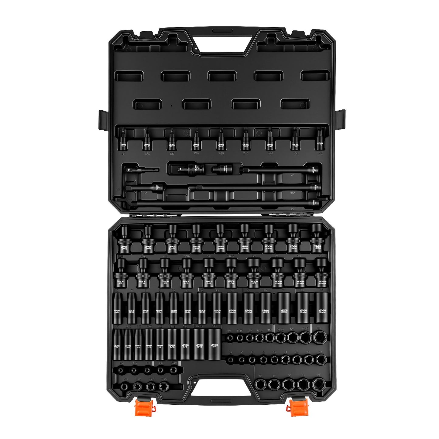 Impact Socket Set, 3/8" Drive, 90-Piece Socket Set, 6 Point Sockets, SAE 1/4"-3/4" and Metric 6-19 mm, Easy to Identify, with Adapters, Sturdy Storage Case, Cr-Mo Alloy Steel for Vehicles Repair