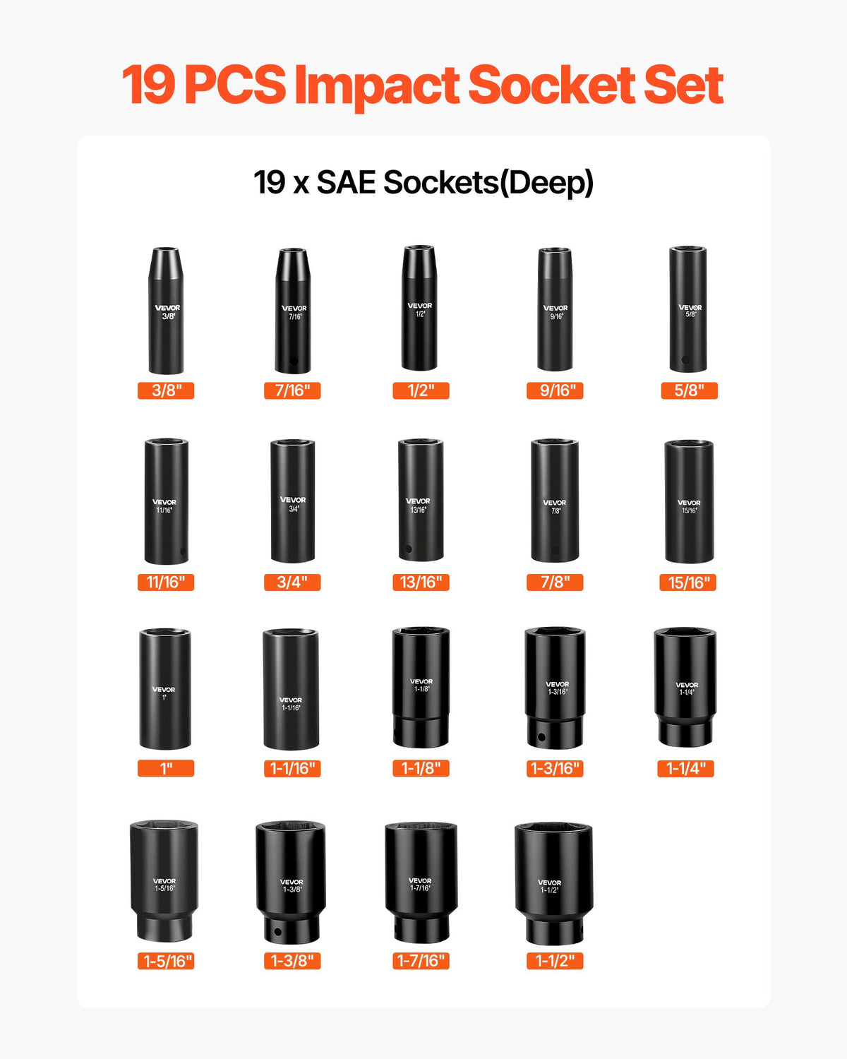 Impact Socket Set, 1/2" 19 Piece Impact Sockets, Deep Socket, 6-Point Sockets, 1/2" Drive Set 3/8" to 1-1/2", Cr-V Rugged Construction, Easy to Identify, with a Sturdy Storage Case, for Vehicles