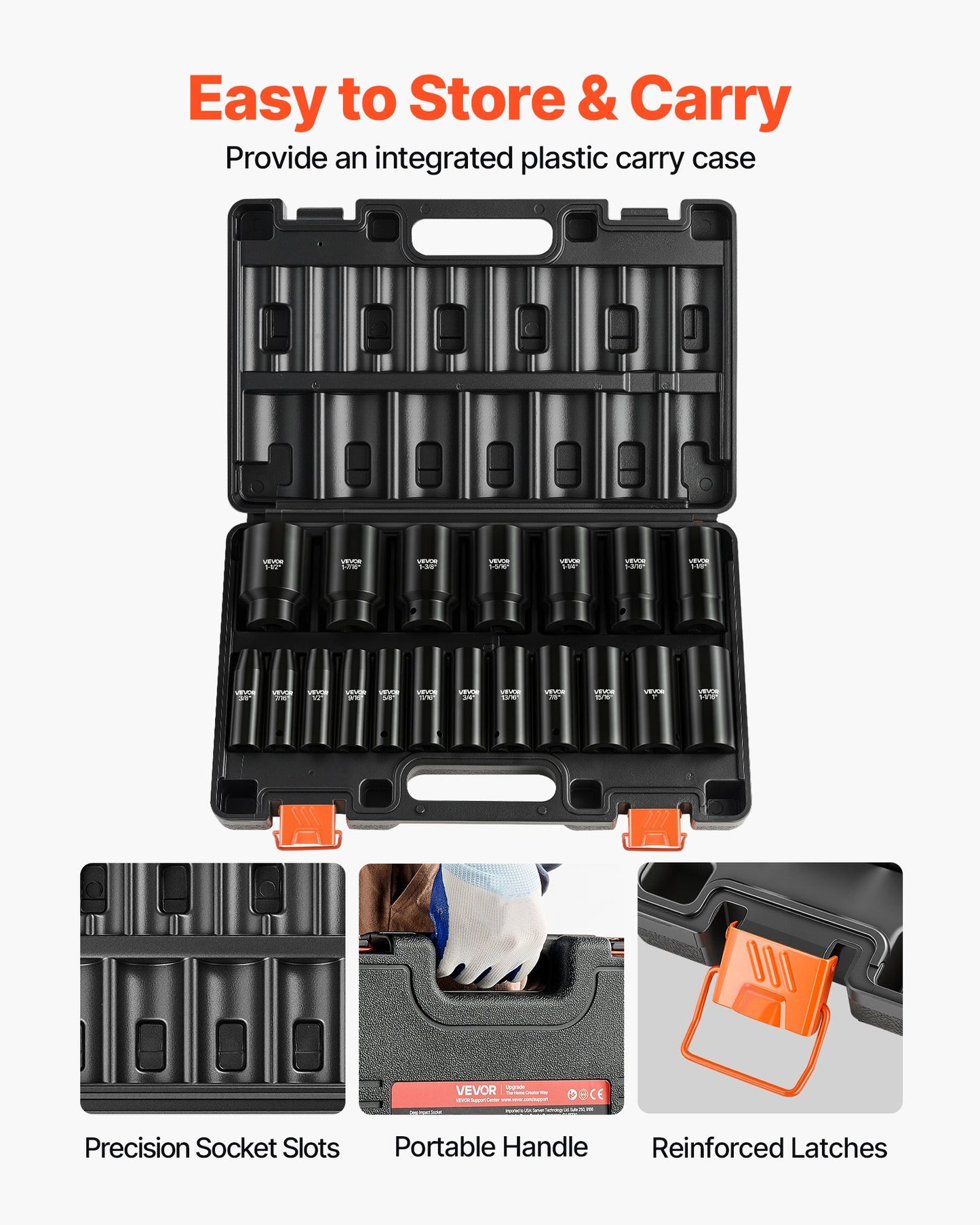 Impact Socket Set, 1/2" 19 Piece Impact Sockets, Deep Socket, 6-Point Sockets, 1/2" Drive Set 3/8" to 1-1/2", Cr-V Rugged Construction, Easy to Identify, with a Sturdy Storage Case, for Vehicles