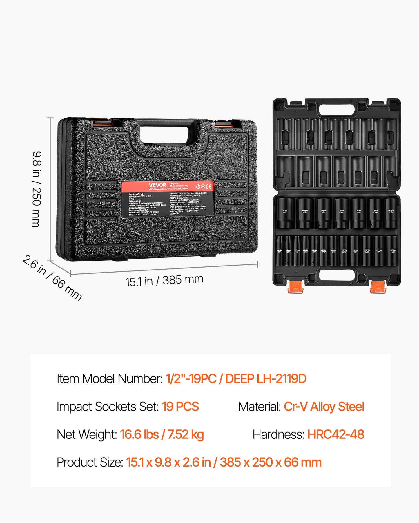 Impact Socket Set, 1/2" 19 Piece Impact Sockets, Deep Socket, 6-Point Sockets, 1/2" Drive Set 3/8" to 1-1/2", Cr-V Rugged Construction, Easy to Identify, with a Sturdy Storage Case, for Vehicles