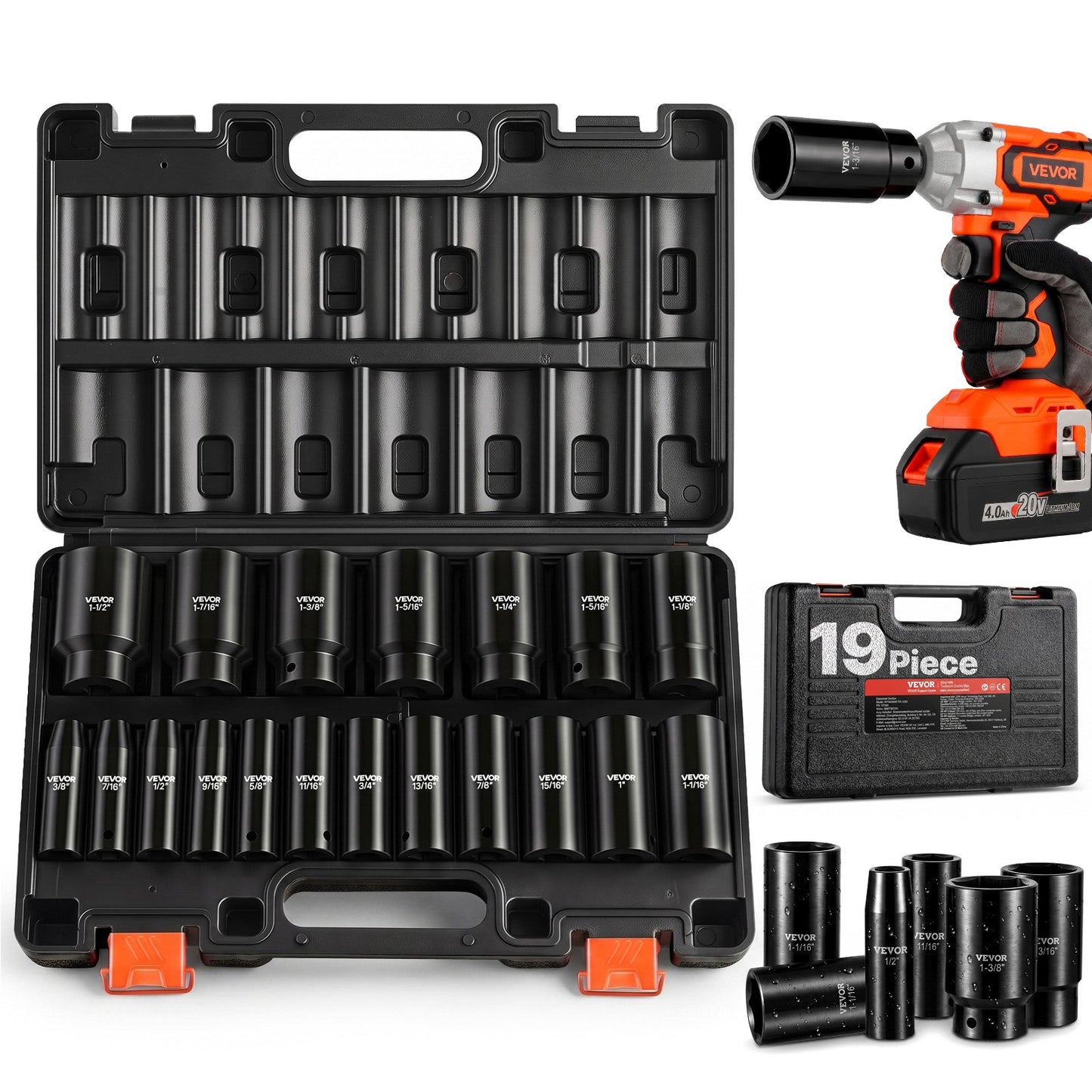 Impact Socket Set, 1/2" 19 Piece Impact Sockets, Deep Socket, 6-Point Sockets, 1/2" Drive Set 3/8" to 1-1/2", Cr-V Rugged Construction, Easy to Identify, with a Sturdy Storage Case, for Vehicles
