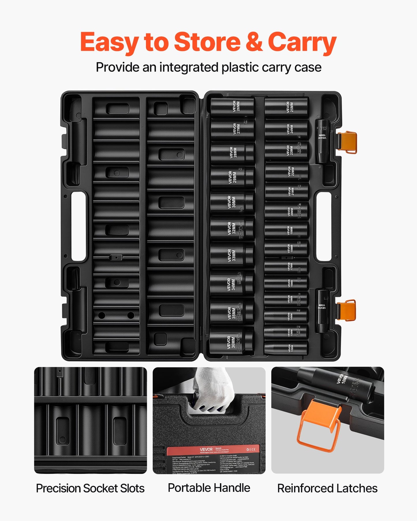 Impact Socket Set, 1/2" Drive, 26-Piece Impact Sockets, 6-Point Sockets, Metric 10-30 mm, 32-36 mm, Easy to Identify, with a Sturdy Storage Case, Cr-V Alloy Steel Structure, for Vehicles Repair