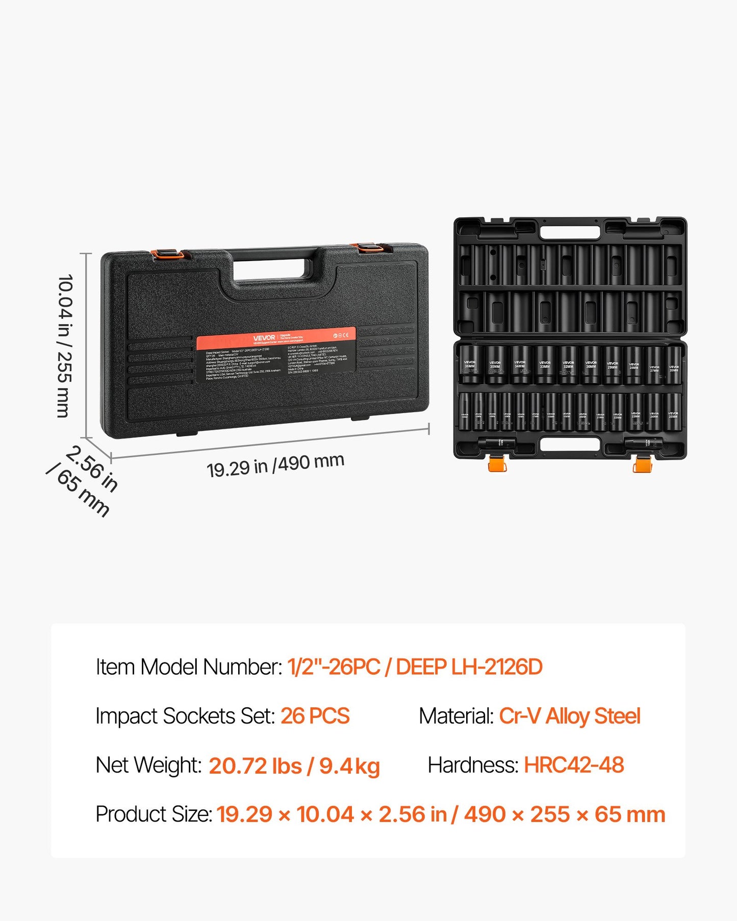 Impact Socket Set, 1/2" Drive, 26-Piece Impact Sockets, 6-Point Sockets, Metric 10-30 mm, 32-36 mm, Easy to Identify, with a Sturdy Storage Case, Cr-V Alloy Steel Structure, for Vehicles Repair