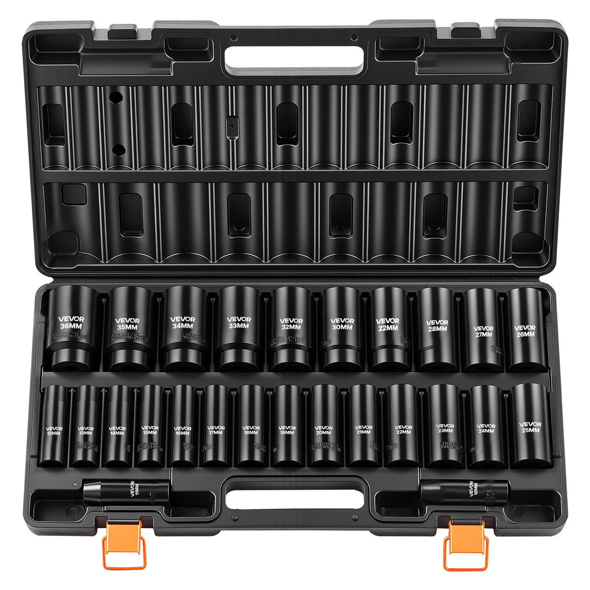 Impact Socket Set, 1/2" Drive, 26-Piece Impact Sockets, 6-Point Sockets, Metric 10-30 mm, 32-36 mm, Easy to Identify, with a Sturdy Storage Case, Cr-V Alloy Steel Structure, for Vehicles Repair