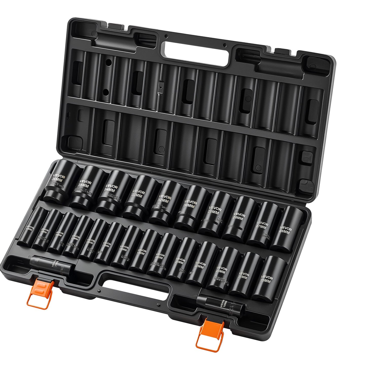 Impact Socket Set, 1/2" Drive, 26-Piece Impact Sockets, 6-Point Sockets, Metric 10-30 mm, 32-36 mm, Easy to Identify, with a Sturdy Storage Case, Cr-V Alloy Steel Structure, for Vehicles Repair