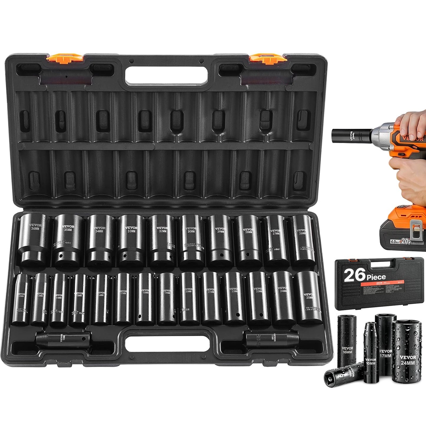 Impact Socket Set, 1/2" Drive, 26-Piece Impact Sockets, 6-Point Sockets, Metric 10-30 mm, 32-36 mm, Easy to Identify, with a Sturdy Storage Case, Cr-V Alloy Steel Structure, for Vehicles Repair
