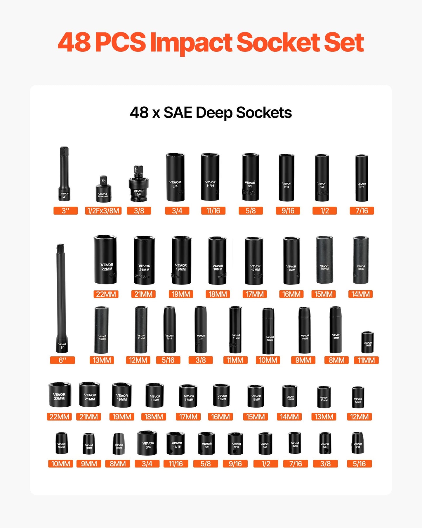 Impact Socket Set, 3/8" Drive, 48-Piece Socket Set, 6-Point Sockets, SAE 5/16"-3/4" and Metric 8-19 mm, 21-22 mm, Easy to Identify, Cr-V Alloy Steel, Extension Bar, Adapter and Storage Cage