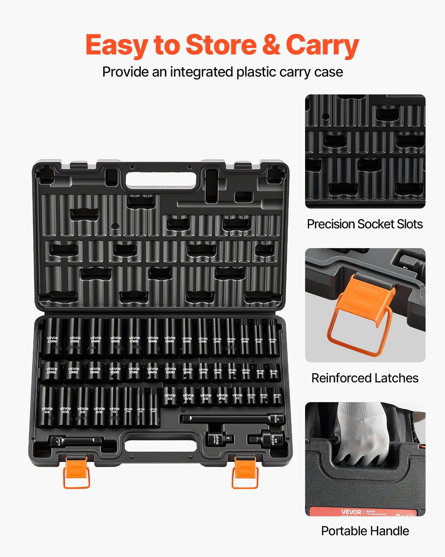 Impact Socket Set, 3/8" Drive, 48-Piece Socket Set, 6-Point Sockets, SAE 5/16"-3/4" and Metric 8-19 mm, 21-22 mm, Easy to Identify, Cr-V Alloy Steel, Extension Bar, Adapter and Storage Cage