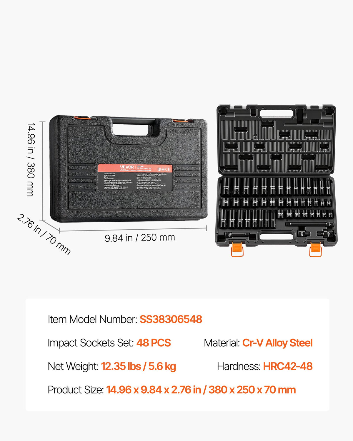 Impact Socket Set, 3/8" Drive, 48-Piece Socket Set, 6-Point Sockets, SAE 5/16"-3/4" and Metric 8-19 mm, 21-22 mm, Easy to Identify, Cr-V Alloy Steel, Extension Bar, Adapter and Storage Cage