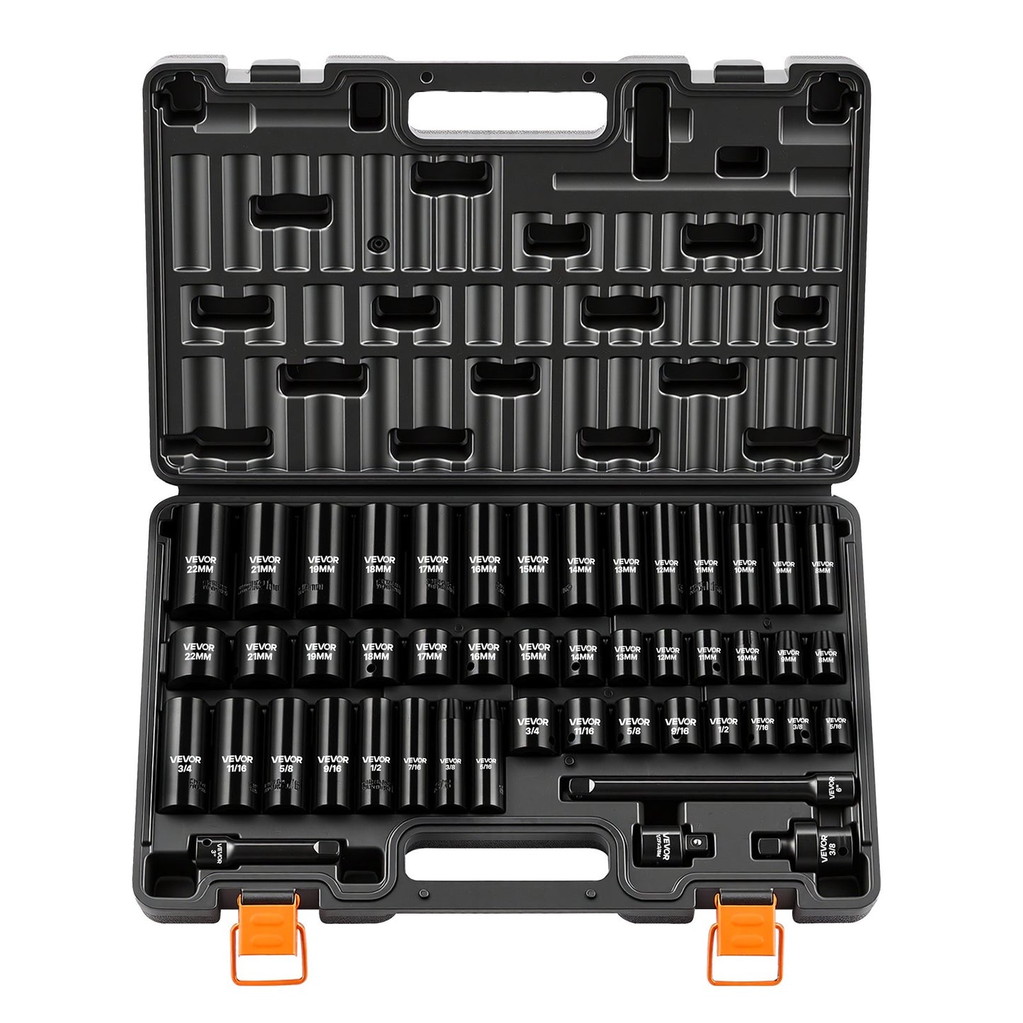 Impact Socket Set, 3/8" Drive, 48-Piece Socket Set, 6-Point Sockets, SAE 5/16"-3/4" and Metric 8-19 mm, 21-22 mm, Easy to Identify, Cr-V Alloy Steel, Extension Bar, Adapter and Storage Cage