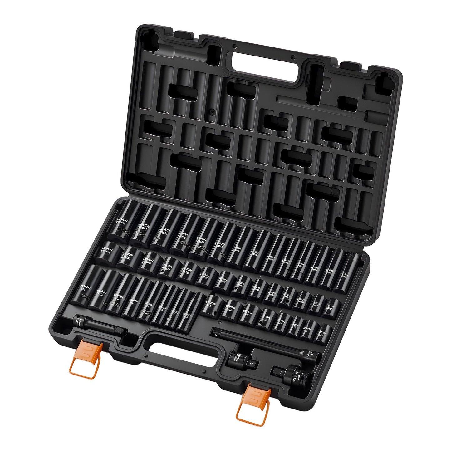 Impact Socket Set, 3/8" Drive, 48-Piece Socket Set, 6-Point Sockets, SAE 5/16"-3/4" and Metric 8-19 mm, 21-22 mm, Easy to Identify, Cr-V Alloy Steel, Extension Bar, Adapter and Storage Cage
