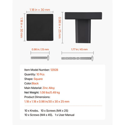 Cabinet Knobs Drawer Kitchen Pulls 10 Pack 30 mm Square Zinc Alloy Black