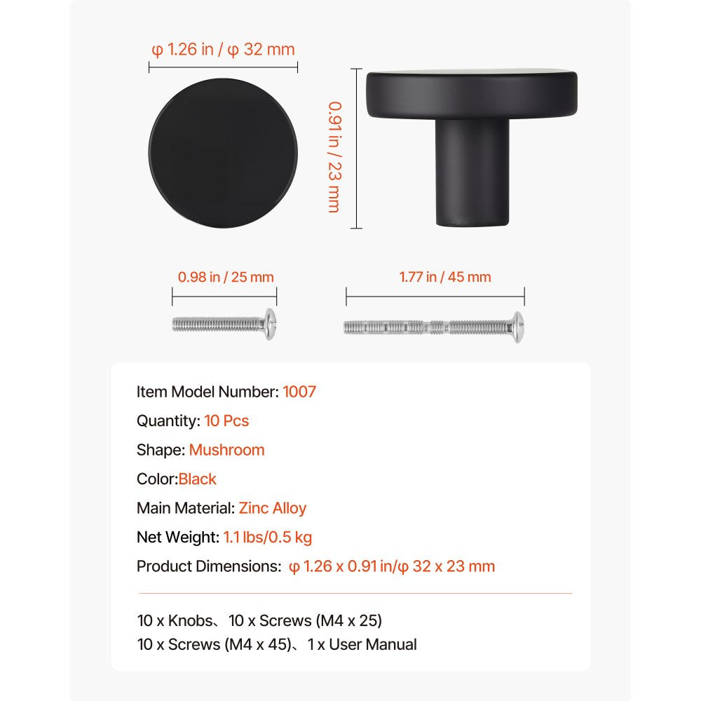 Cabinet Knobs Drawer Kitchen Pulls 10 Pack 32 mm Mushroom Knob Zinc Alloy