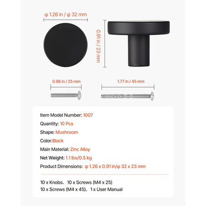 Cabinet Knobs Drawer Kitchen Pulls 10 Pack 32 mm Mushroom Knob Zinc Alloy