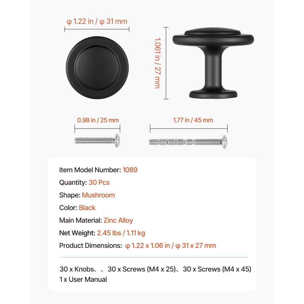 Cabinet Knobs Drawer Kitchen Pulls 30 Pack 31 mm Mushroom Knob Zinc Alloy