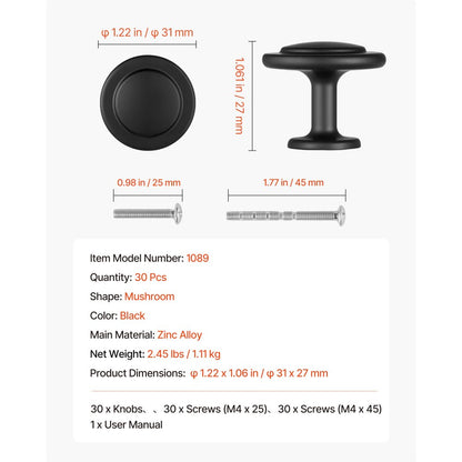 Cabinet Knobs Drawer Kitchen Pulls 30 Pack 31 mm Mushroom Knob Zinc Alloy