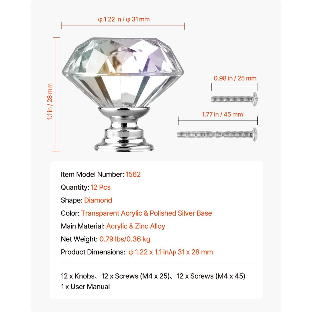 Cabinet Knobs Drawer Kitchen Pulls 12 Pack 31 mm Diamond Handle Acrylic