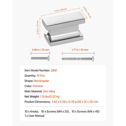 Cabinet Knobs Drawer Kitchen Pulls 10 Pack 36 mm Rectangular Zinc Alloy