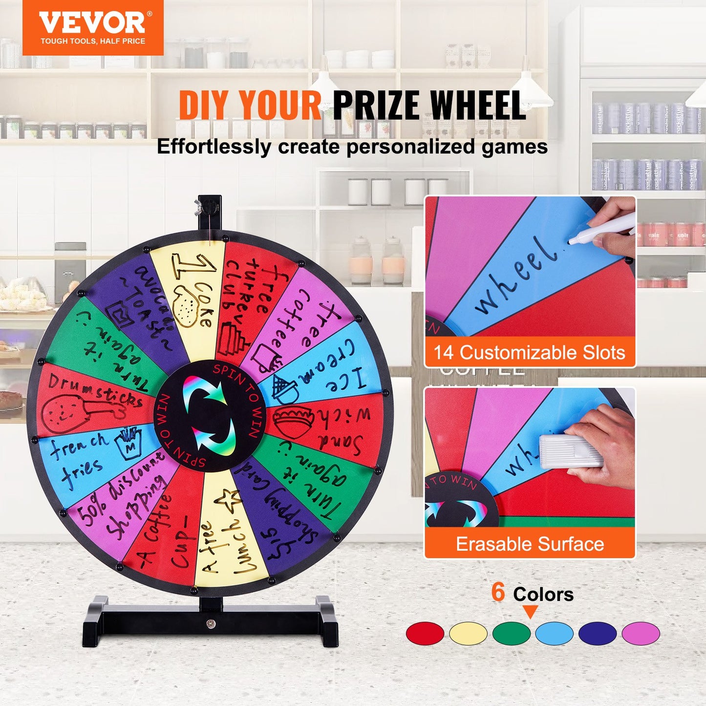 VEVOR 18 inch Spinning Prize Wheel, 14 Slots Tabletop Spinner, Heavy Duty Roulette
