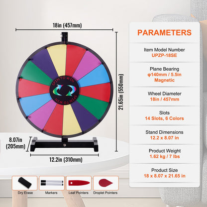 18-Inch Tabletop Prize Wheel, 14-Slot Spinner with Erasable Surface & Markers