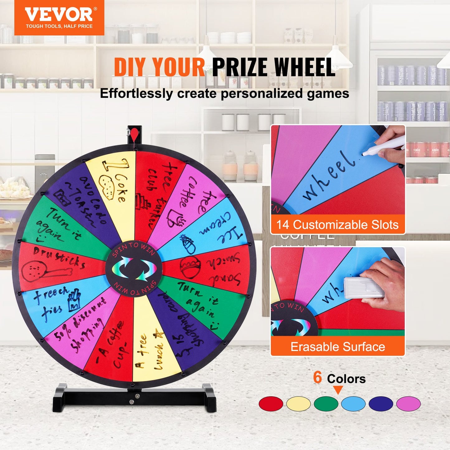 VEVOR 24 inch Spinning Prize Wheel, 14 Slots Tabletop Spinner, Heavy Duty Roulette