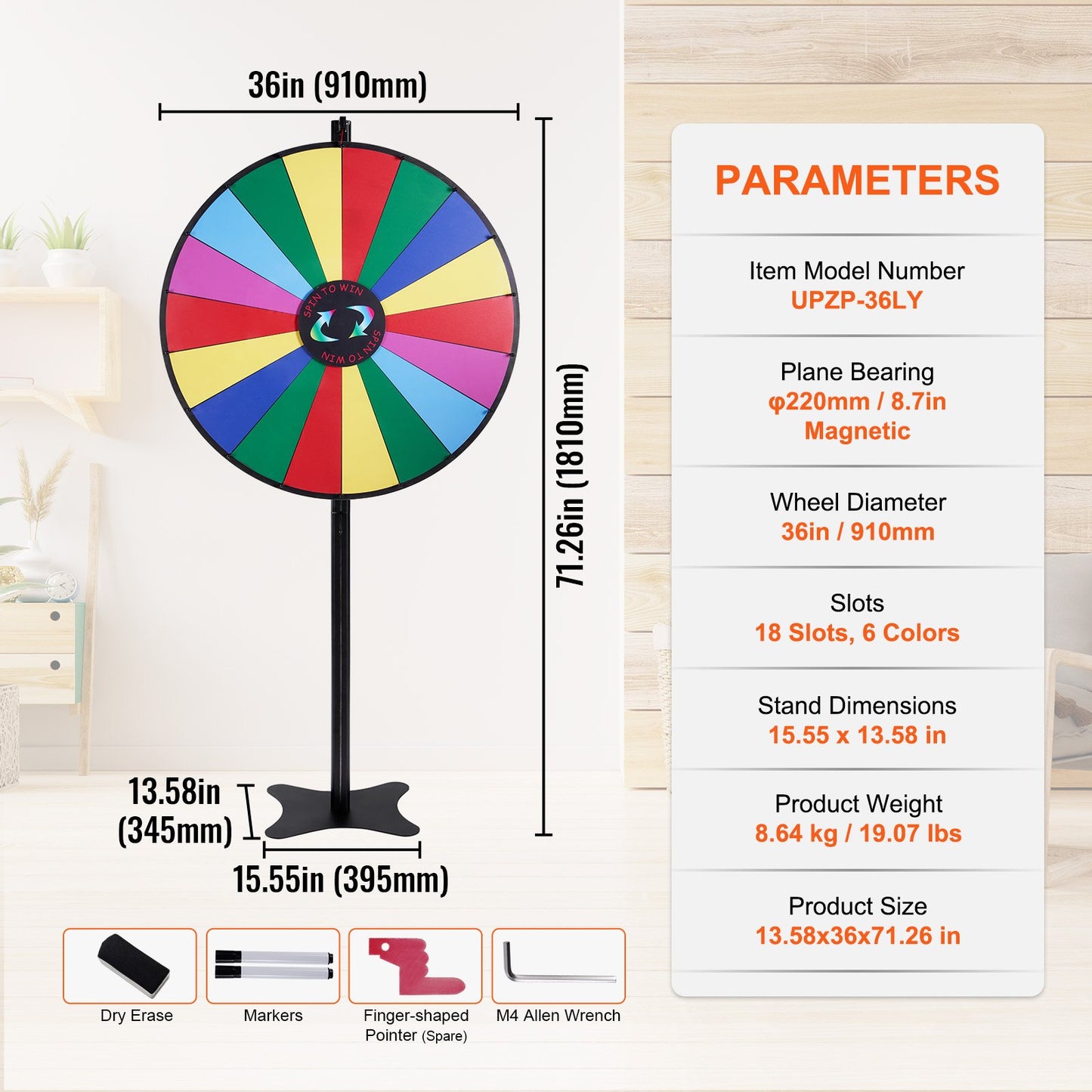 VEVOR 36 inch Spinning Prize Wheel, 18 Slots Spinning Wheel, Roulette Wheel with