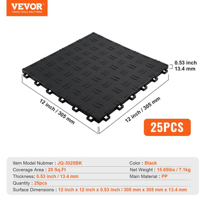Interlocking Garage Floor Tiles, 25 Pack, Non-Slip, 305 x 305 mm, Black