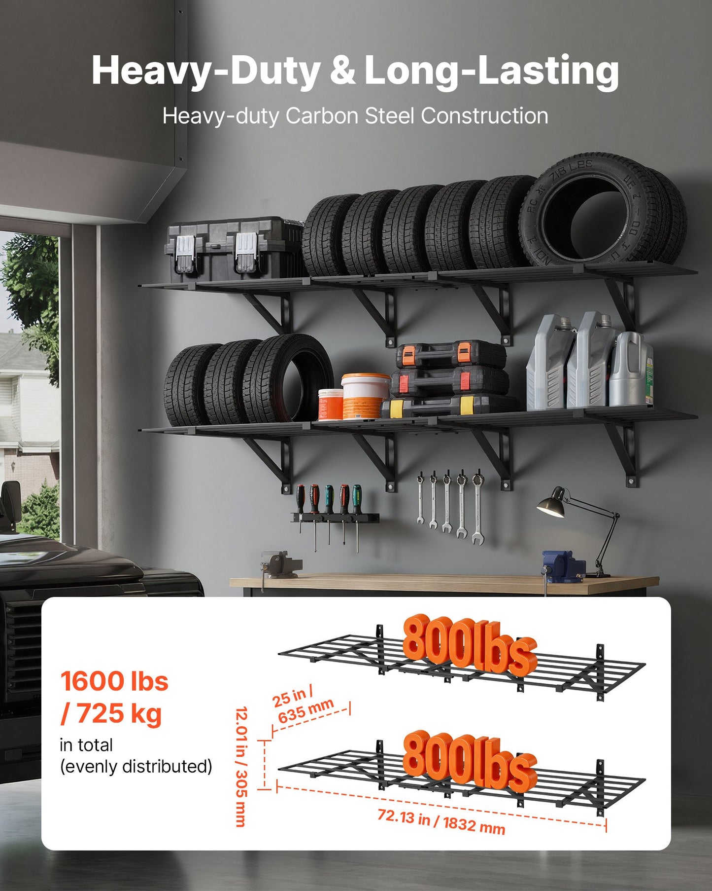 2-Tier Heavy Duty Wall Garage Shelving, 4 Pack 610 x 914 mm Steel Wall Mounted Shelving Unit, 610 x 1828 mm Per Shelf Floating Storage Metal Rack for Garage, 725 kg Total Weight Capacity, Black