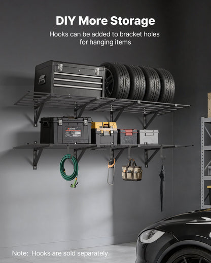 2-Tier Heavy Duty Wall Garage Shelving, 4 Pack 610 x 914 mm Steel Wall Mounted Shelving Unit, 610 x 1828 mm Per Shelf Floating Storage Metal Rack for Garage, 725 kg Total Weight Capacity, Black