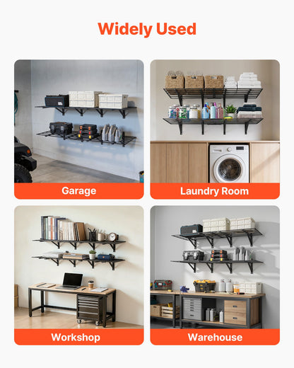 2-Tier Heavy Duty Wall Garage Shelving, 4 Pack 610 x 914 mm Steel Wall Mounted Shelving Unit, 610 x 1828 mm Per Shelf Floating Storage Metal Rack for Garage, 725 kg Total Weight Capacity, Black